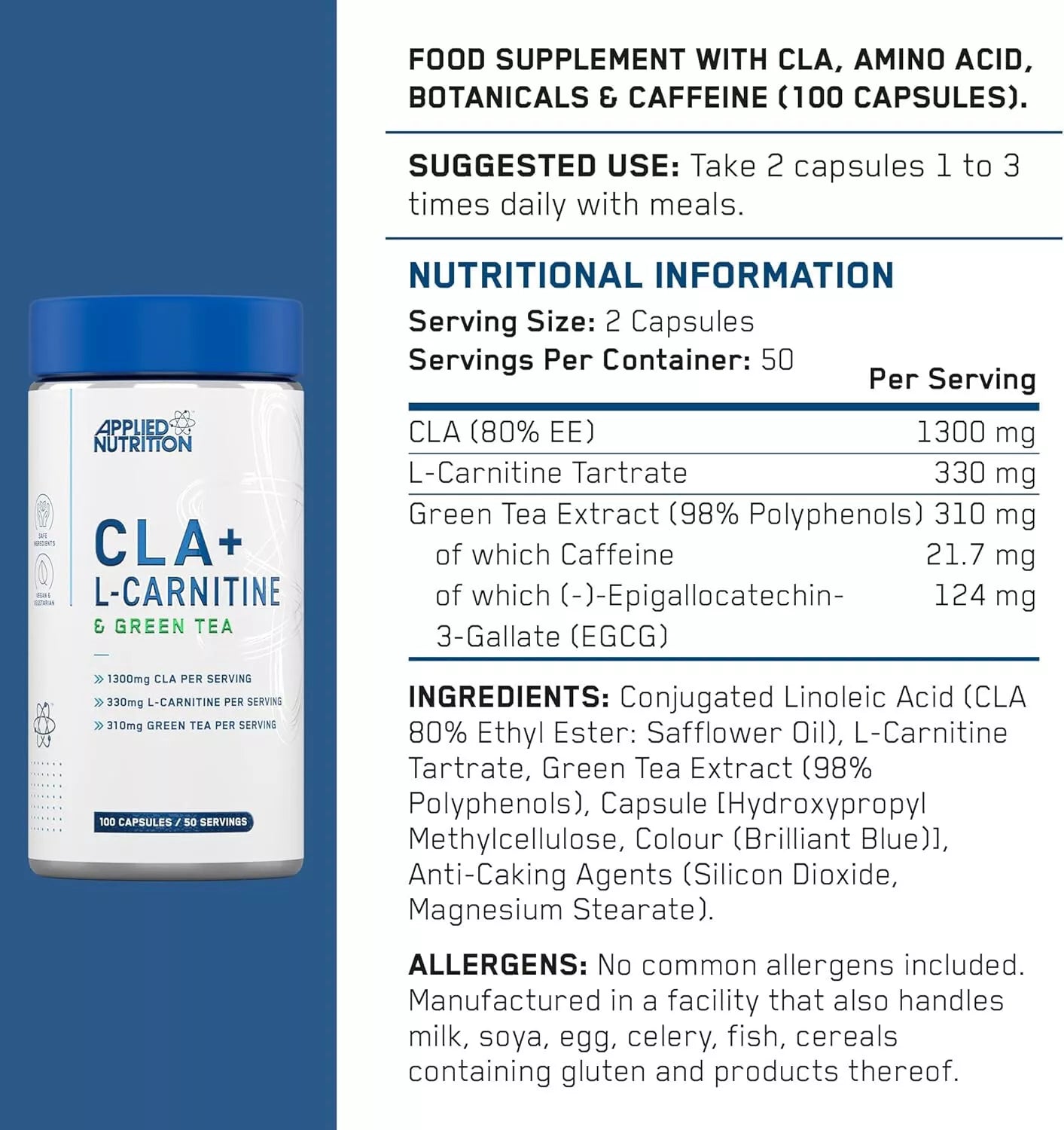 Applied Nutrition CLA + L-Carnitine + Green Tea 100 kaps.