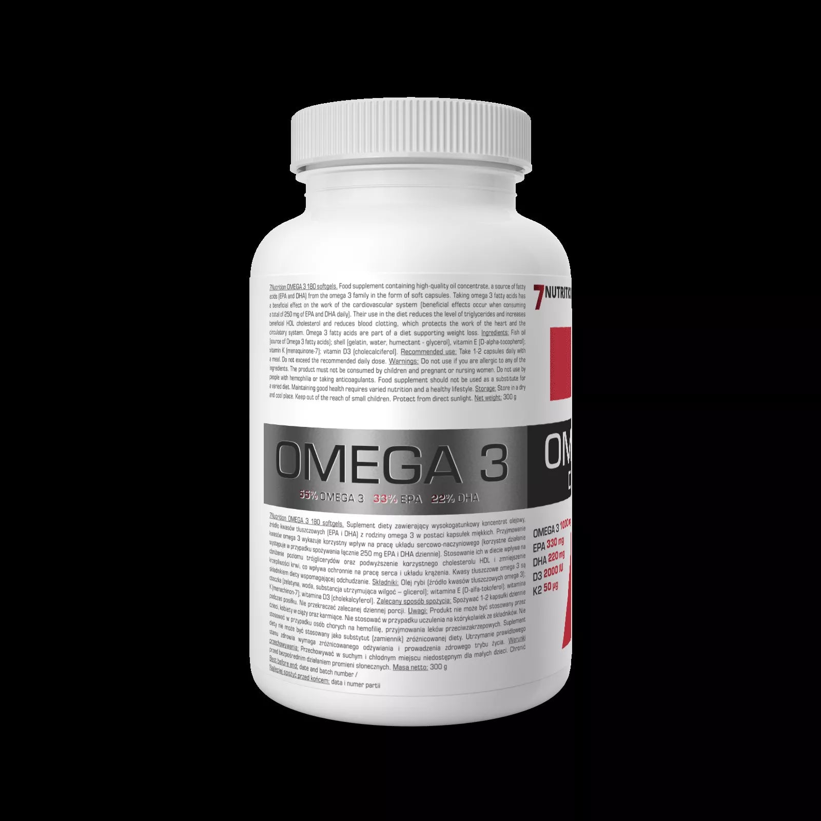 7 Nutrition Omega 3 55% D3+K2 180 kaps.