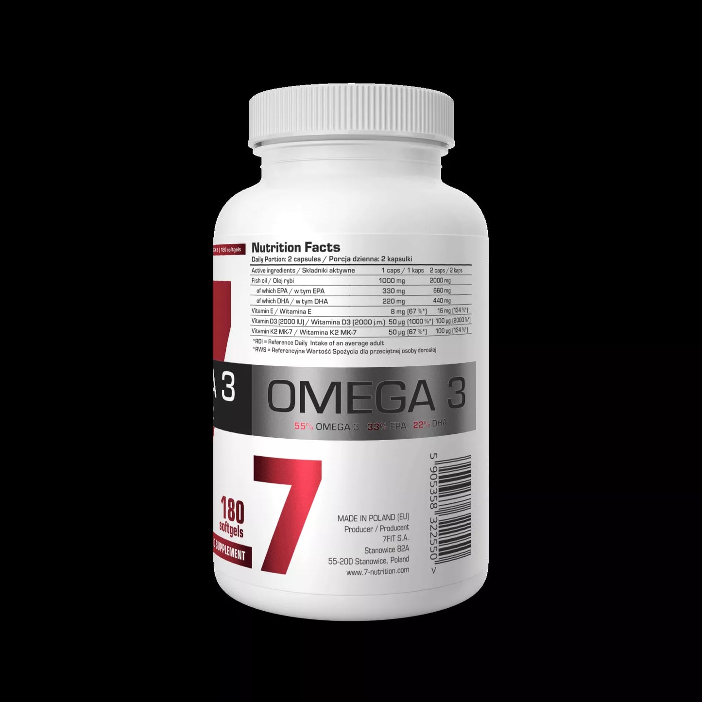 7 Nutrition Omega 3 55% D3+K2 180 kaps.